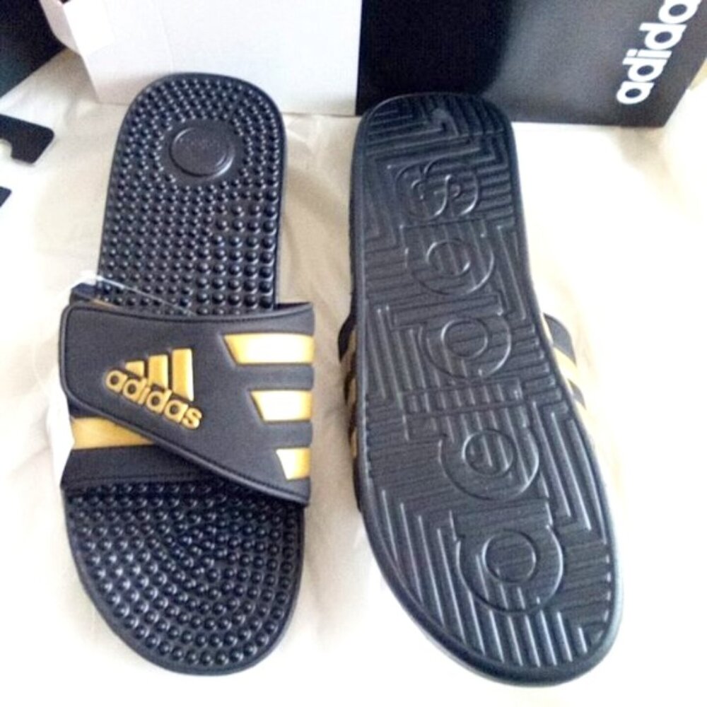 Adidas Adissage Black & Gold Adjustable Slides Sandals Slippers Men's US 18